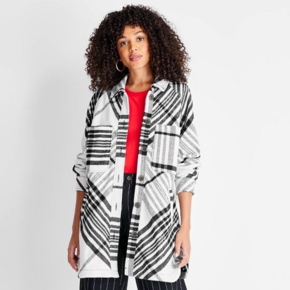 Future Collective Kahlana Brown | black plaid shacket-Shirred Back. M- NWOT